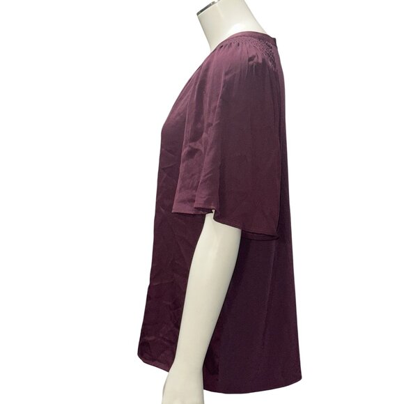 Ann Taylor Small Burgundy Smocked Shoulder Blouse Flutter Sleeve Top Fall - Picture 4 of 10